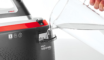 The image shows filling the Polti Vaporella Instant tank with tap water.